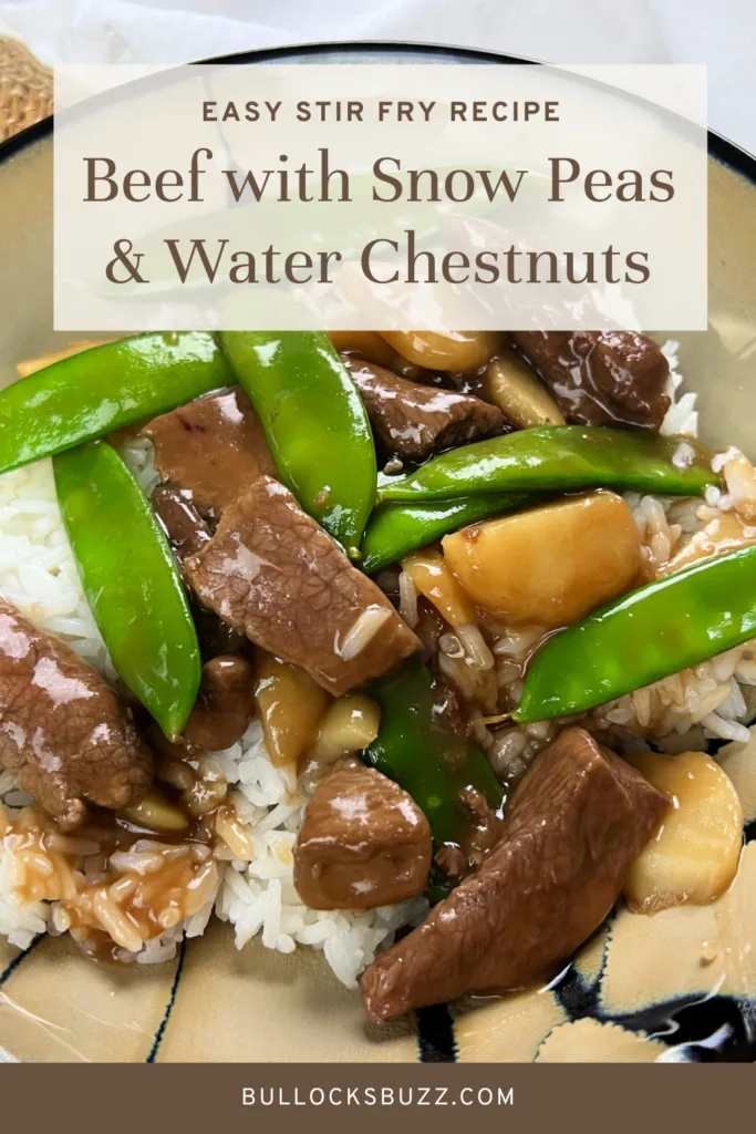 Close up image of beef with snow peas and water chestnuts stir fry in a bowl