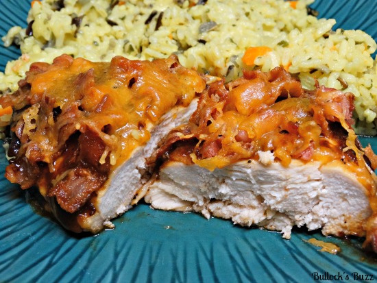Baked BBQ Bacon Cheddar Chicken Recipe served with rice