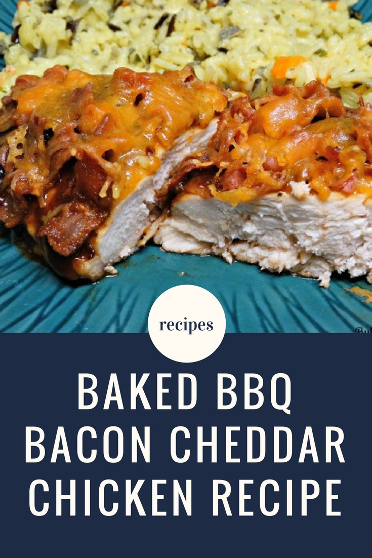 Tender, juicy chicken is covered in barbecue sauce, baked, then topped with fresh cooked bacon bits and shredded cheddar cheese in this delectable Baked BBQ Bacon Cheddar Chicken recipe.