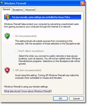 Windows Firewall Security Settings Window on Computer