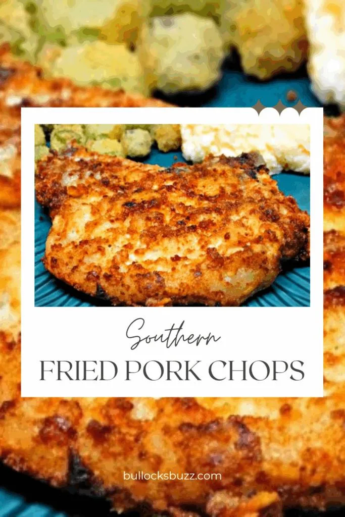 Close up of a finished Southern Fried Pork Chop with crispy outside and tender, juicy inside.