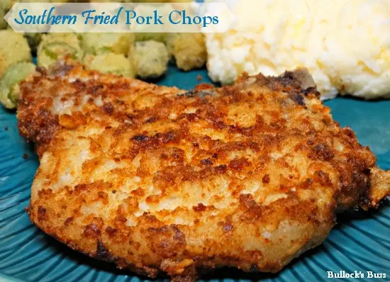 Southern-fried-pork-chops dinner on a blue plate