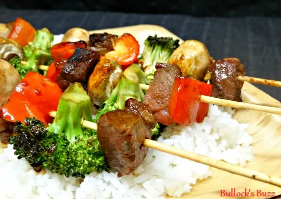 beef and broccoli kabobs on plate