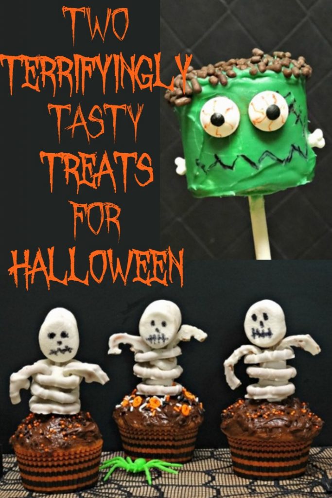 From Frankenstein Marshmallow Pops to cupcakes decorated with pretzel and marshmallow Skeletons, these two last-minute Halloween party treats are frightfully fun to make and terrifyingly tasty!