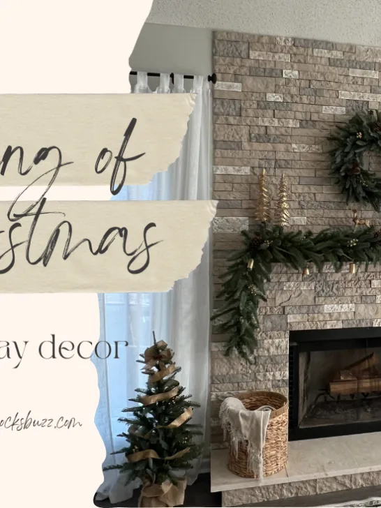 a frieplace decked out with trees, garland and wreath from King of Christmas