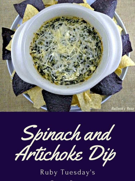 Ruby Tuesday's copycat Spinach and Artichoke Dip recipe in a bowl surrounded by chips