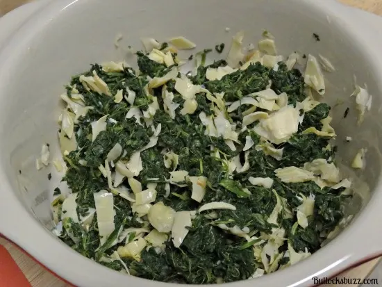 spinach and artichoke dip add ingredient in oven safe dish
