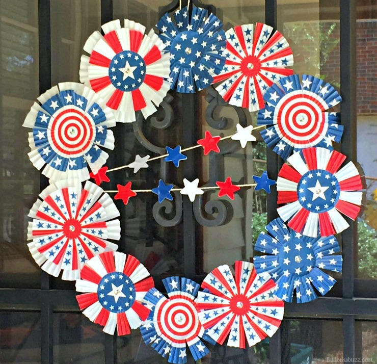 4th of July Memorial Day Cupcake Liner Wreath completed