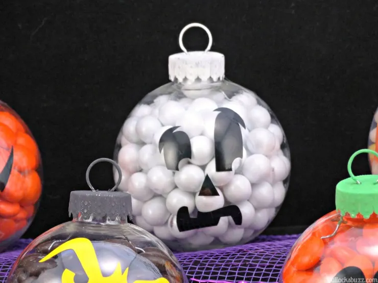 Ghost DIY Halloween candy ornament filled with white candies.