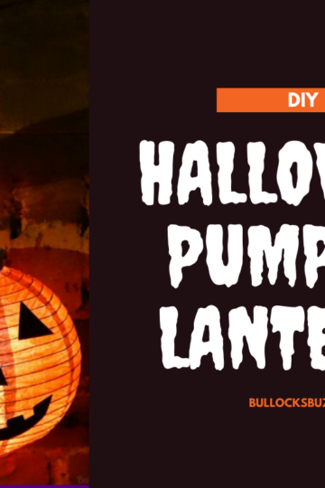 Two easy Halloween lanterns made from upcycled paper lanterns lit up and sitting on steps
