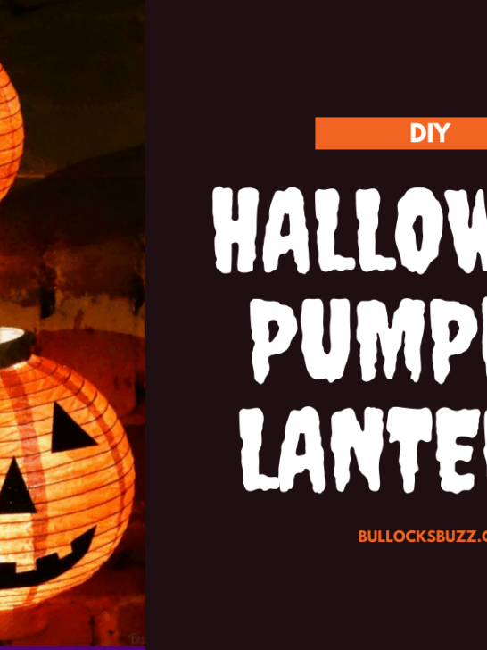 Two easy Halloween lanterns made from upcycled paper lanterns lit up and sitting on steps