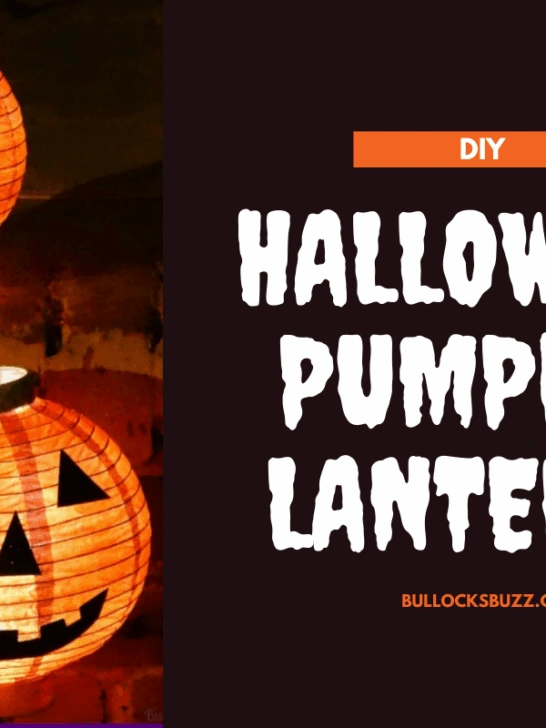 Two easy Halloween lanterns made from upcycled paper lanterns lit up and sitting on steps