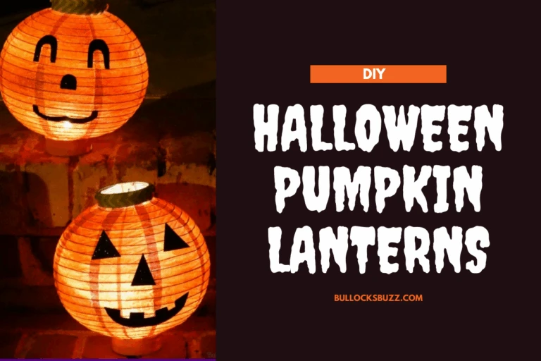 Two easy Halloween lanterns made from upcycled paper lanterns lit up and sitting on steps