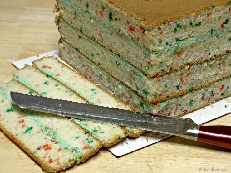 slice sides to make sharp corners on this surprise inside cake