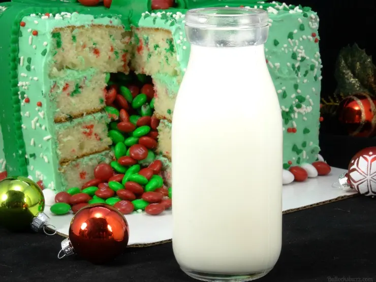 Holiday Present Pinata Cake M&M's surprise inside cake with a bottle of milk