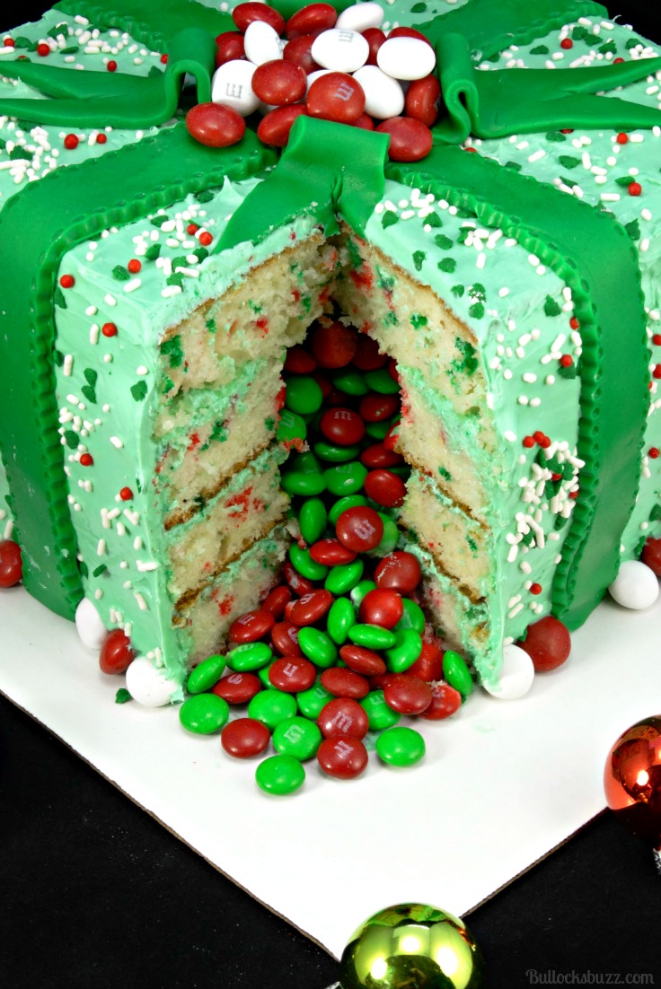 Close up of M&Ms inside the Christmas Gift Box Cake