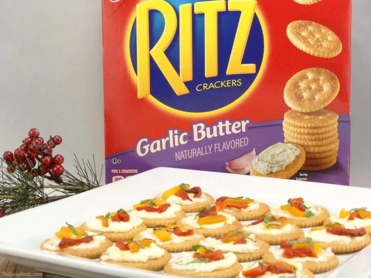 Roasted Pepper Cheese Bites and Holiday Party Planning Tips spread on crackers product image