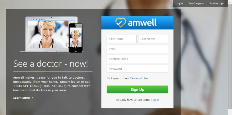 amwell telehealth sign up page