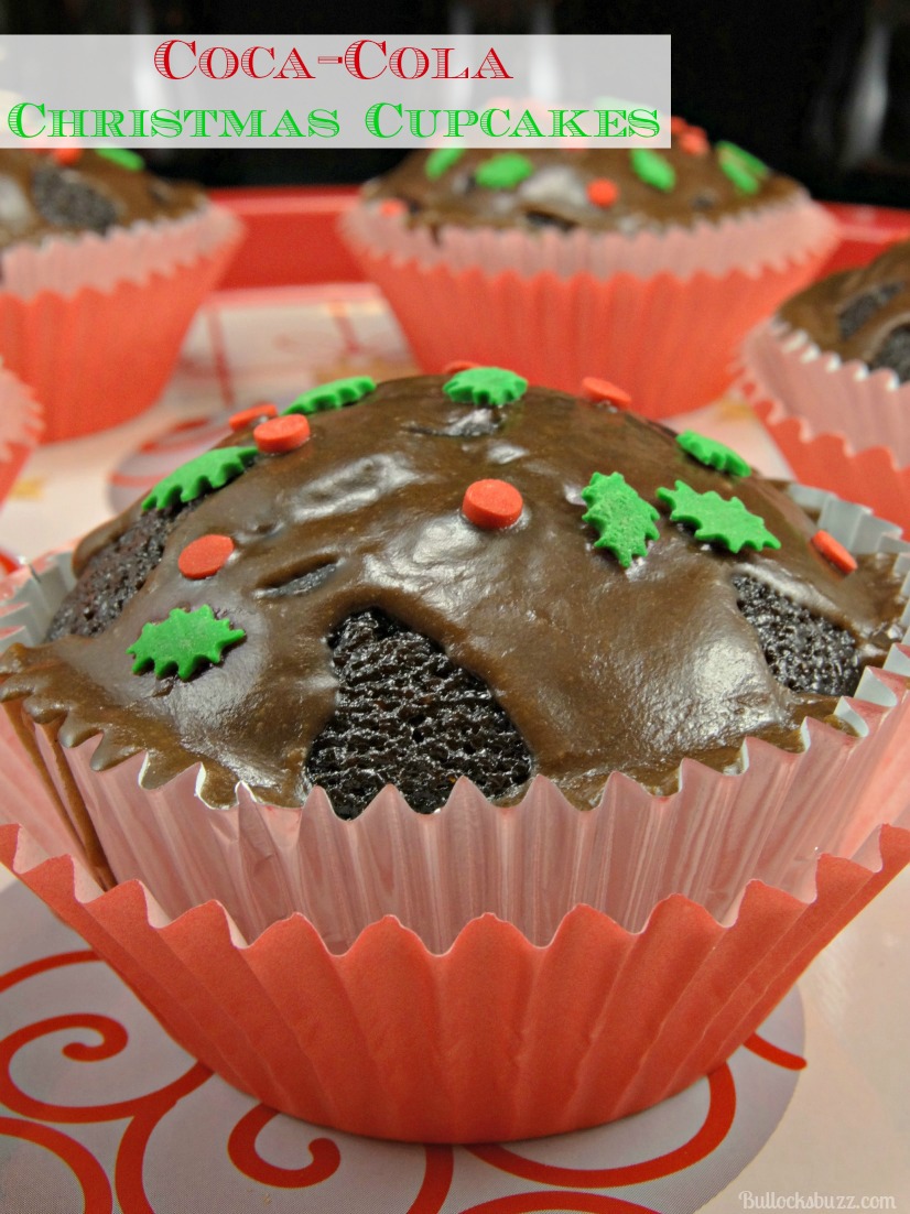 Coca Cola Cupcakes with Coca Cola Frosting and holly sprinkles