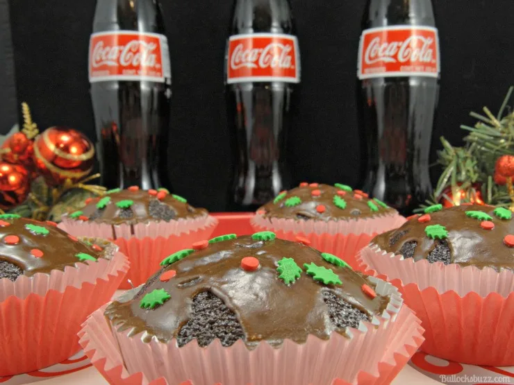 Coca-Cola Christmas Cupcakes in front of Coke bottles