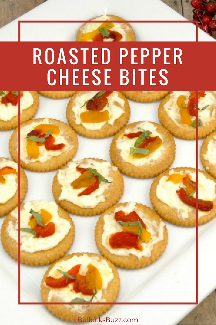Ritz crackers topped with mozzarella, cream cheese, roasted red and yellow peppers and then topped off with fresh basil in this quick Roasted Pepper Cheese Bites recipe
