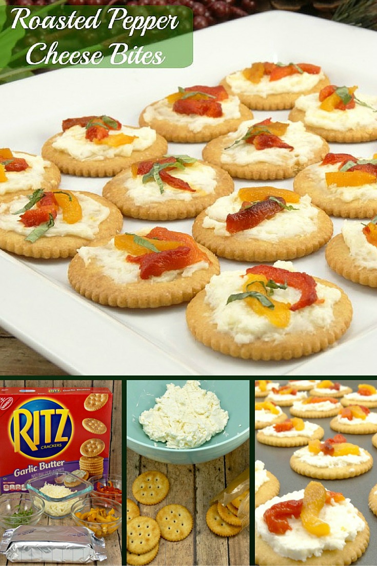 Ritz crackers topped with mozzarella, cream cheese, roasted red and yellow peppers and then topped off with fresh basil in this quick Roasted Pepper Cheese Bites recipe