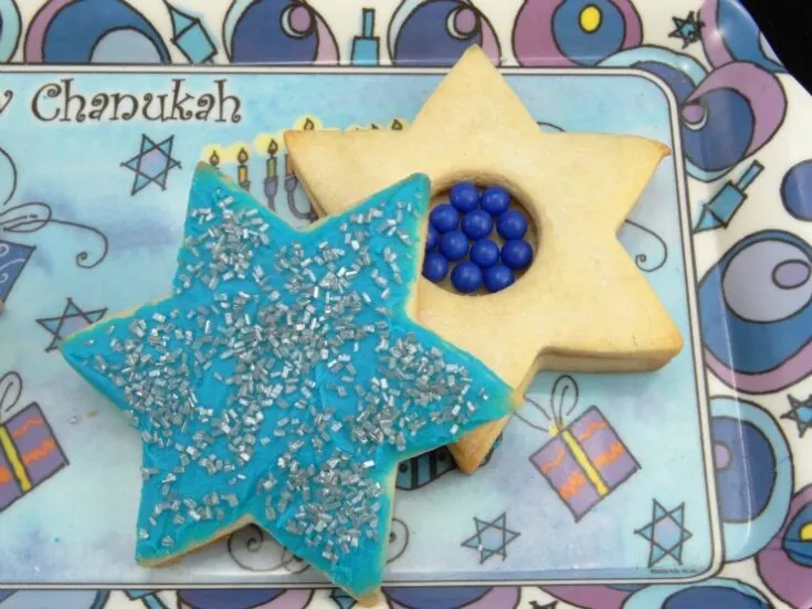 star of david hanukkah piñata cookies with blue candies inside