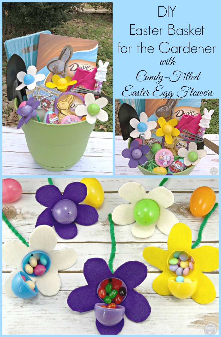 An adorable and easy DIY Easter baskets complete with super-cute candy-filled flowers. Perfect for the gardener or flower lover!