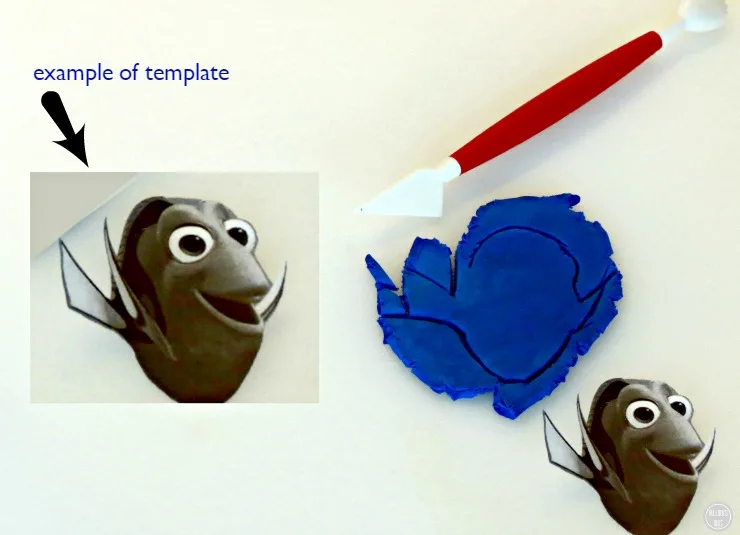 Finding Dory Chocolate Covered Waffle Bowl In-Process cut out template on fondant