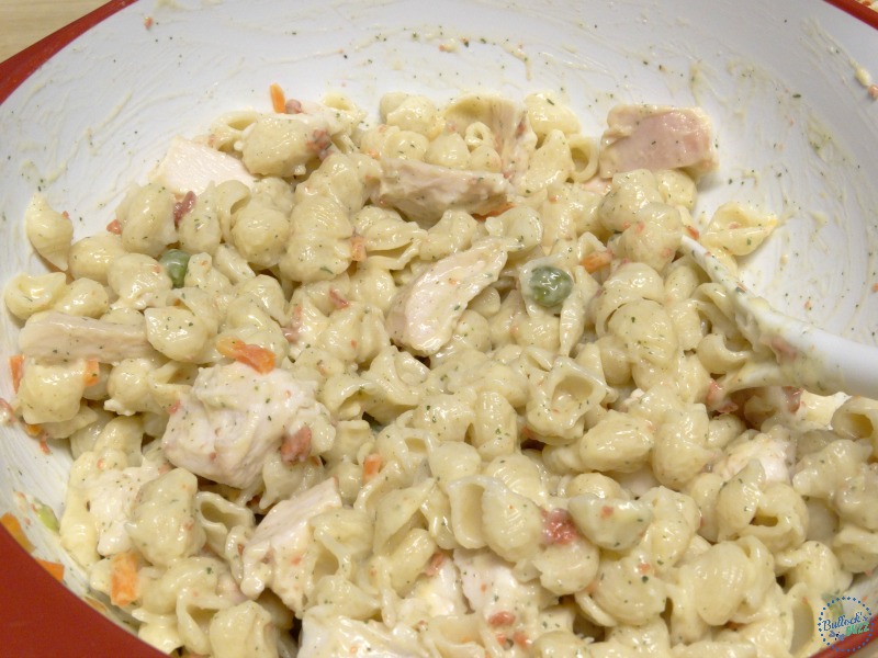 Leftover Grilled Chicken, Ranch and Bacon Pasta Salad add dressing