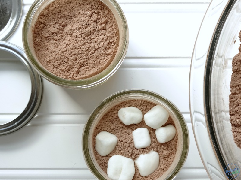 homemade hot chocolate mix in jars with marshmallows