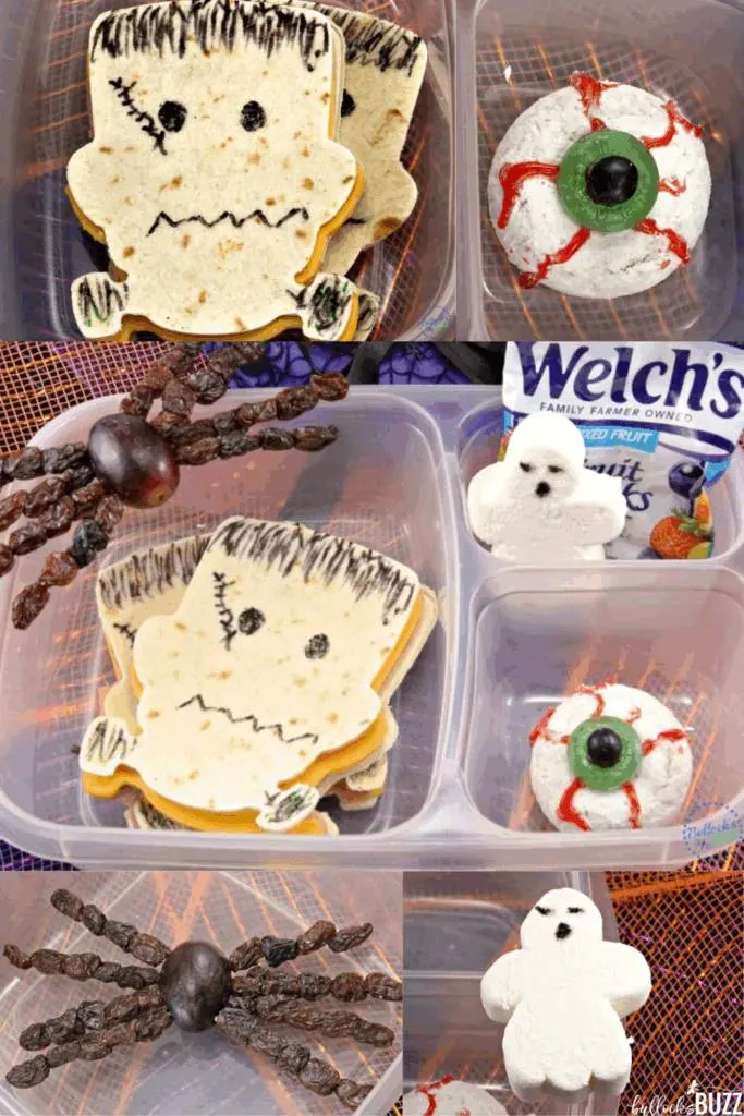 Collage of all items included in the Halloween lunchbox including Frankenstein sandwich, grape and raisin spider, donut eyeball, and a ghost marshmallow.