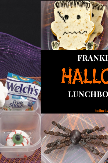 Frankenstein Halloween Lunchbox for Kids featuring a Frankenstein sandwich, grape and raisin spider, marshmallow ghost, and donut eyeball in a bento box