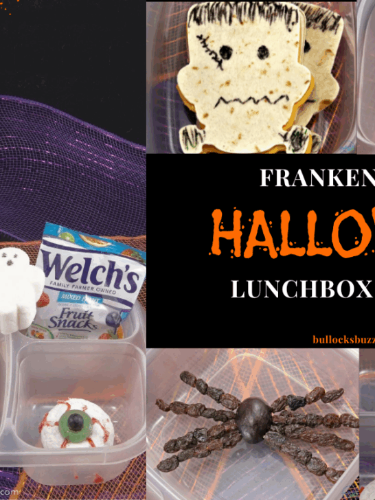 Frankenstein Halloween Lunchbox for Kids featuring a Frankenstein sandwich, grape and raisin spider, marshmallow ghost, and donut eyeball in a bento box