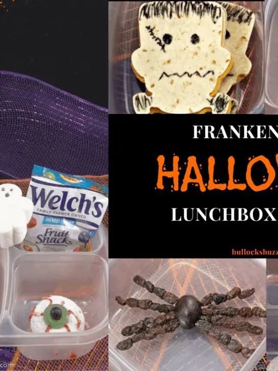 Frankenstein Halloween Lunchbox for Kids featuring a Frankenstein sandwich, grape and raisin spider, marshmallow ghost, and donut eyeball in a bento box