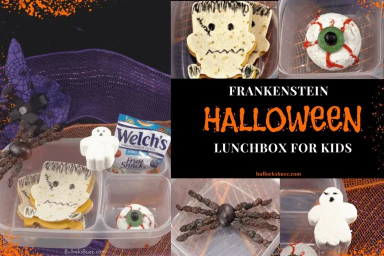 Frankenstein Halloween Lunchbox for Kids featuring a Frankenstein sandwich, grape and raisin spider, marshmallow ghost, and donut eyeball in a bento box