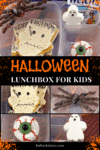 Halloween lunchbox for kids with Frankenstein sandwich, marshmallow ghost, donut eyeball, and raisin spider snack arranged in a divided container.