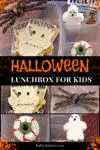 Halloween lunchbox for kids with Frankenstein sandwich, marshmallow ghost, donut eyeball, and raisin spider snack arranged in a divided container.