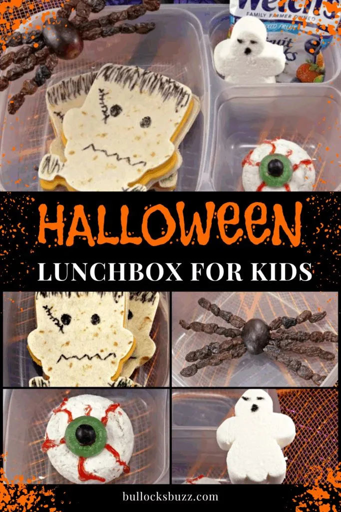 Halloween lunchbox for kids with Frankenstein sandwich, marshmallow ghost, donut eyeball, and raisin spider snack arranged in a divided container.