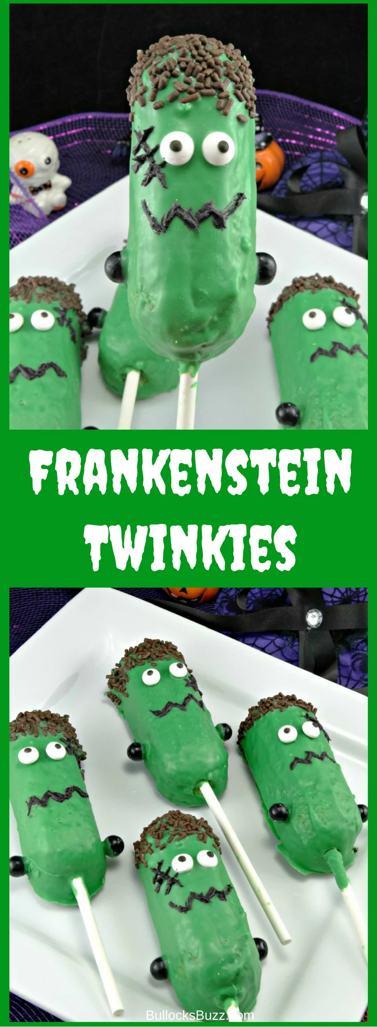 Get creative with your Frankenstein Halloween treats and make these Frankenstein Twinkie Pops! They're so simple and kids love them!