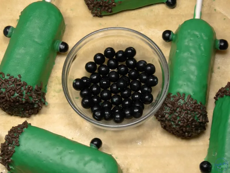 bowl of black Sixlets for Frankenstein bolts