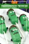 Frankenstein Halloween treats made with Twinkies, candy eyes, and green candy melts