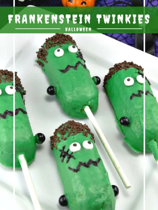 Frankenstein Halloween treats made with Twinkies, candy eyes, and green candy melts