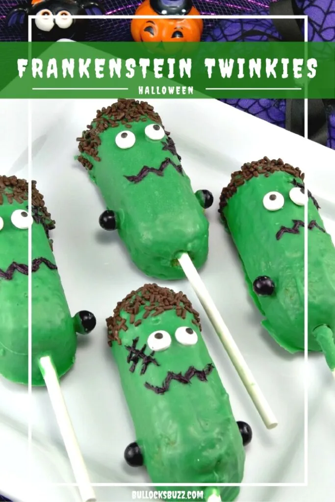 Frankenstein Halloween treats made with Twinkies, candy eyes, and green candy melts