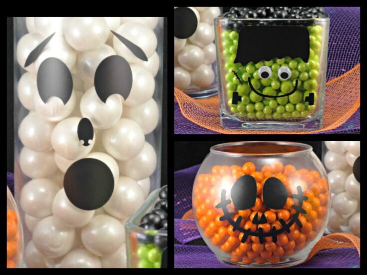 Three DIY Halloween Treat Jars filled with candy and designed to look like a jack o lantern, a ghost, and Frankenstein.