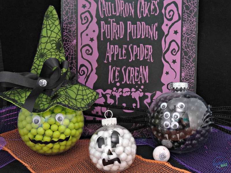 Three spook-tacular Halloween treats made of candy filled ornaments that are easy-to-make and look great as party decor. 