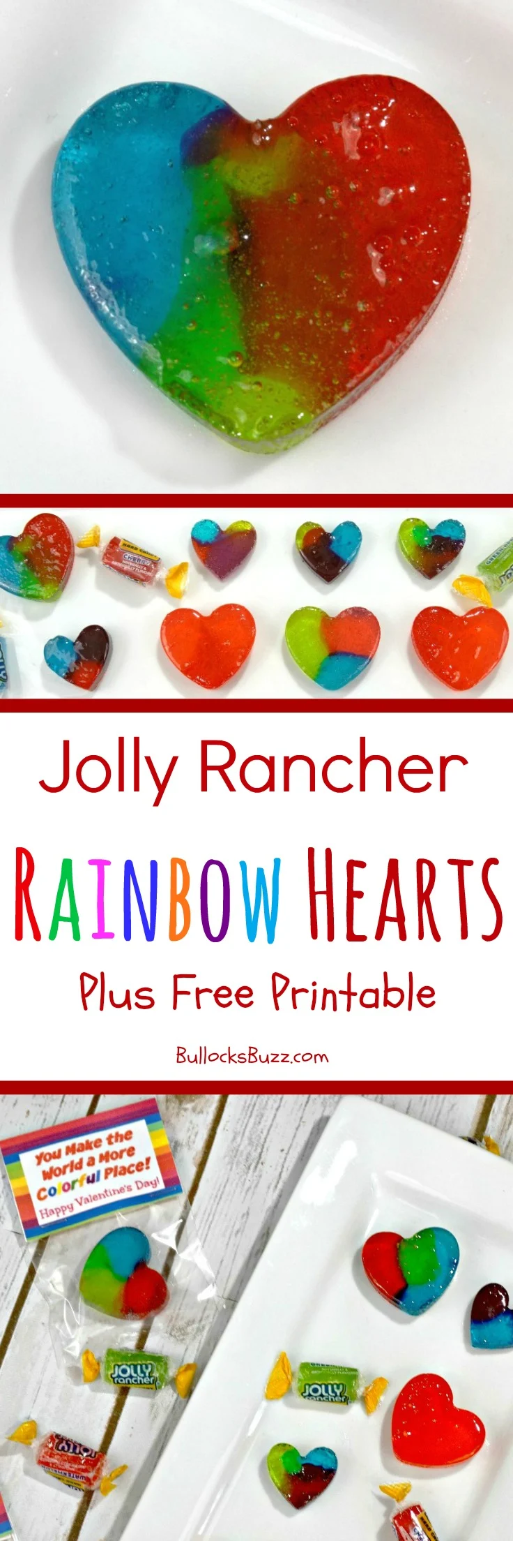 These delicious and colorful homemade candy hearts are the perfect Valentine's Day treat! Combine these Jolly Rancher homemade Rainbow Hearts Candy with my free printable Valentine's Day Treat Bag Topper for an adorable Valentine that just can't be beat! #ValentinesDay #recipes #homemadecandy #DIYcandy
