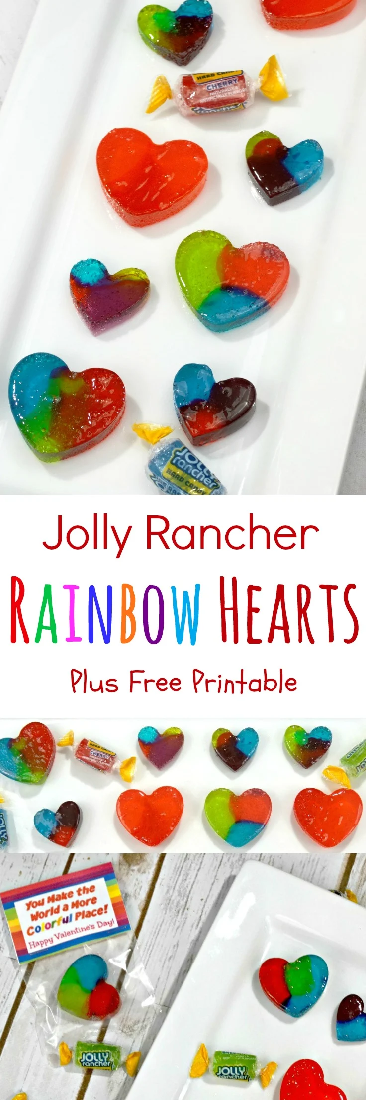 Paired with my free printable Valentine's Day Treat Bag Topper, these Jolly Rancher Homemade Rainbow Hearts Candy make for an adorable Valentine! #ValentinesDay #recipes #homemadecandy #DIYcandy
