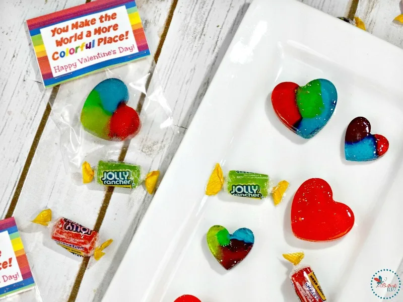 Jolly Rancher Homemade Rainbow Hearts candy in bag with printable treat bag topper