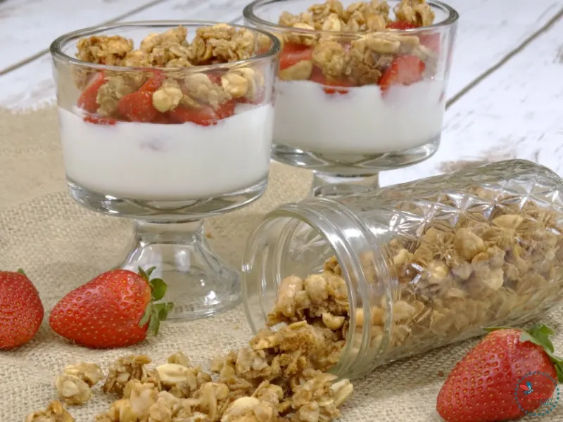 Peanut Butter and Jelly Granola in parfaits